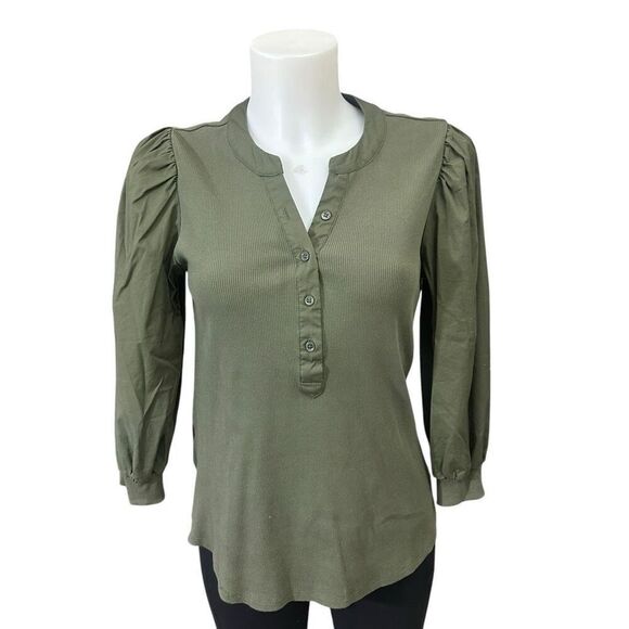 Chico’s‎ olive Green Button-Placket Puff-Sleeve Tee sz Small Cotton Blend - Picture 1 of 7